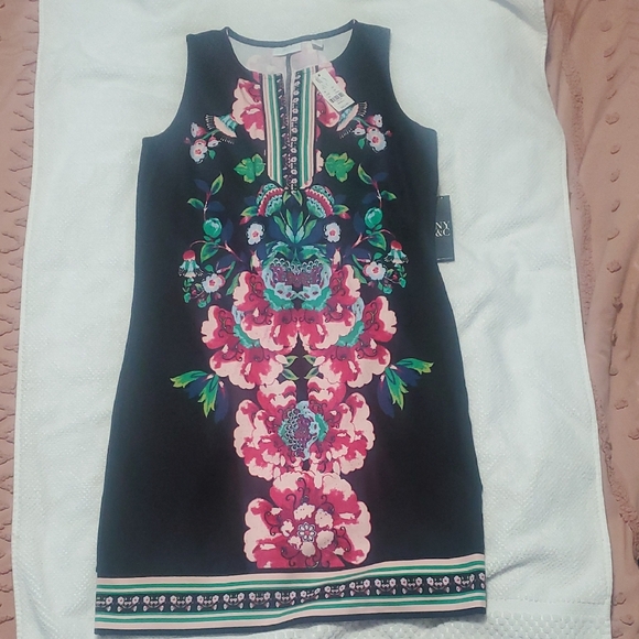 New York & Company Dresses & Skirts - New York & Company Black Dress with Pink and Green Floral Center Panel